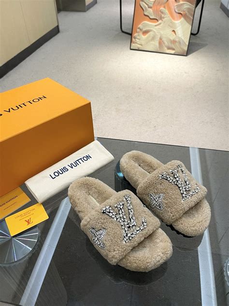 louis vuitton pool slides women& 39|louis vuitton fuzzy slides.